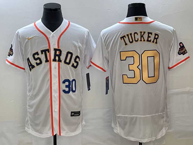 Men%27s Houston Astros #30 Kyle Tucker Number 2023 White Gold World Serise Champions Patch Flex Base Stitched Jersey